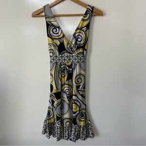 Tempted Hearts Yellow, Black and White Flowy Swirl V-Neck Dress, size L